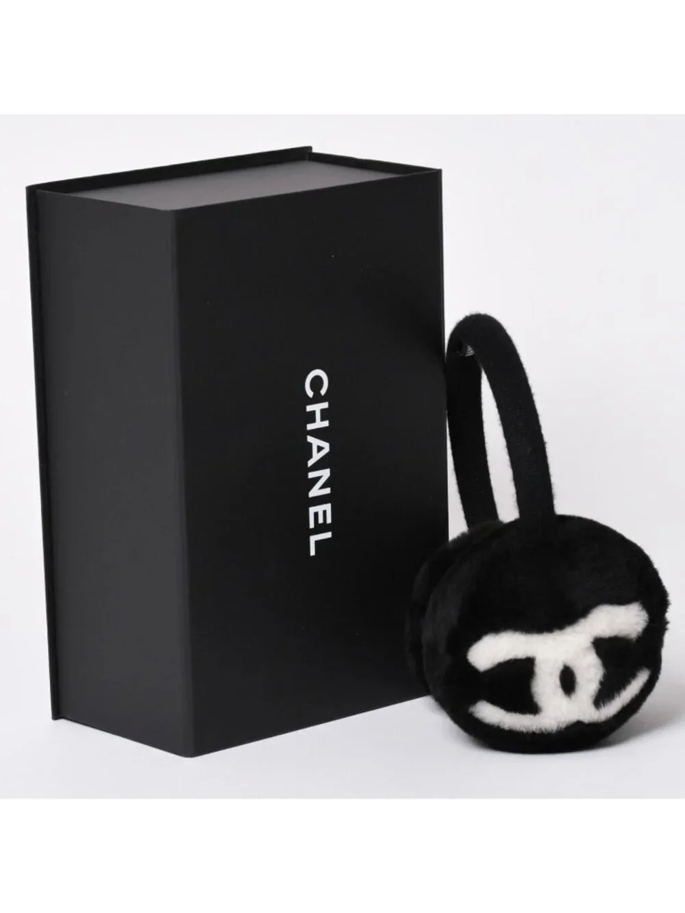 Chanel Coco Neige Ear Muffs CC Logo Shearling Black White